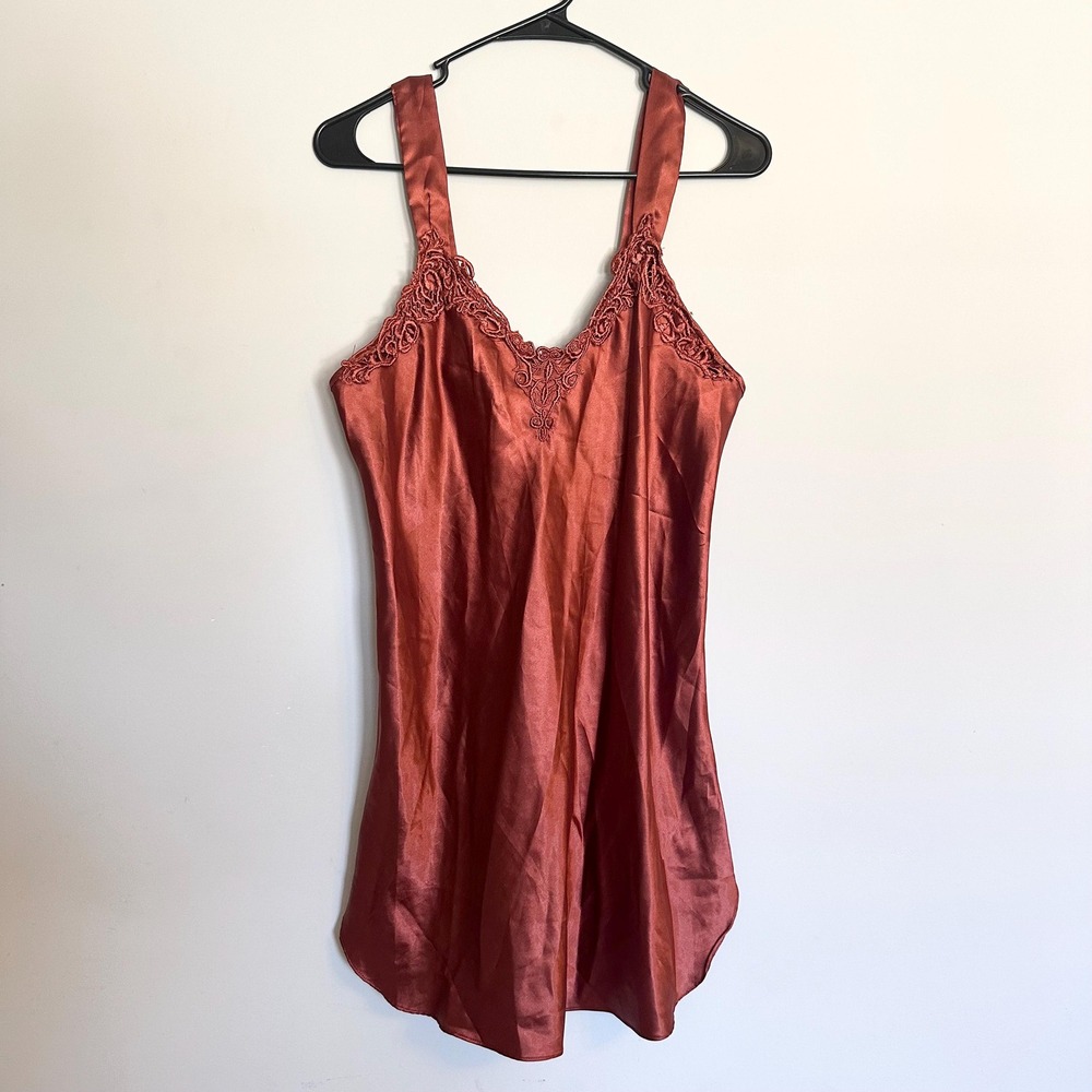 Vintage Romantic Moods USA Burnt Orange Satin Lace Trim Nighty Gown Medium